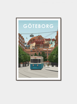Ett motiv från Göteborg med spårvagn och hus. 