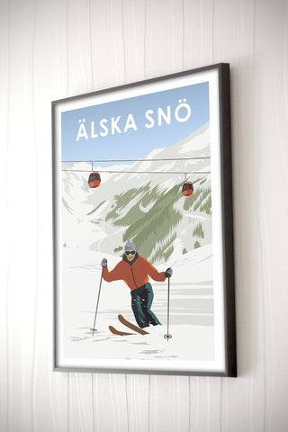 Poster med texten älska snö och skidmotiv