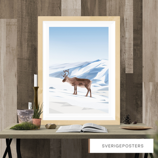 Poster med fjällmotiv på vägg i vardagsrum