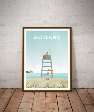 Poster med motiv från Gotland med en livräddare