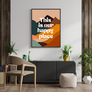 Fjällposter i höstfärger med texten happy place