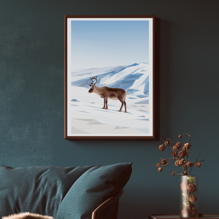 Poster med en ren i vinterlandskap