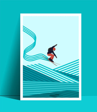 Grafisk skidposter i turkosa toner