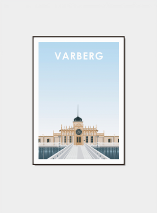 Poster av Varbergs Kallbadhus i varma färger, ikonisk byggnad vid västkusten