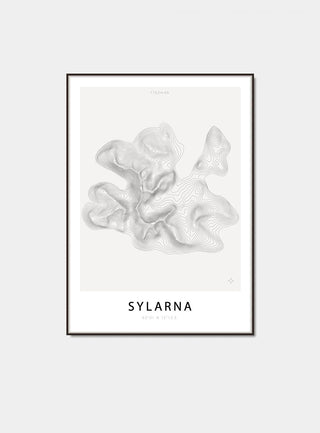 Grafisk poster med Sylarnas fjällmassiv i Jämtland, kartmotiv med höjdkurvor