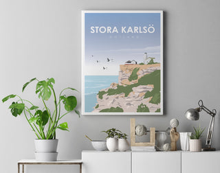 En illustration över den magiska klippan med Fyrhuset på Stora Karlsö.