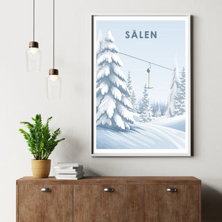 Sälenfjällen lift - poster med snötyngda granar och en knapplift, fångar fjällkänslan i Sälen.