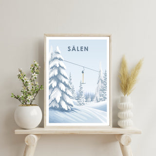 Sälenfjällen lift - poster med snötyngda granar och knapplift, perfekt för fjällstugan och vinterälskare.