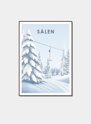 Sälenfjällen lift - poster med snötyngda granar och en klassisk knapplift i en vinterlandskap.