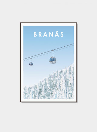 Fjällposter Branäs. Motiv på kabinbana över snöklädda grantoppar.