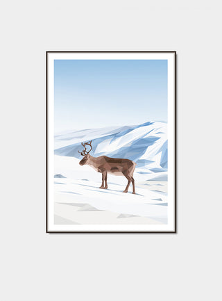 Poster med fjällmotiv och en ren i förgrunden